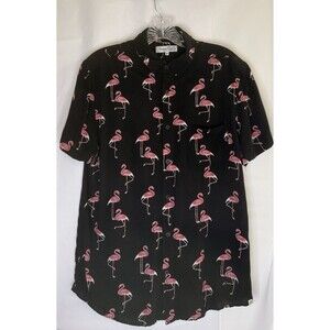 Sovereign Code Mens M Shirt Black Pink Flamingo Print Button Up Short Sleeve
